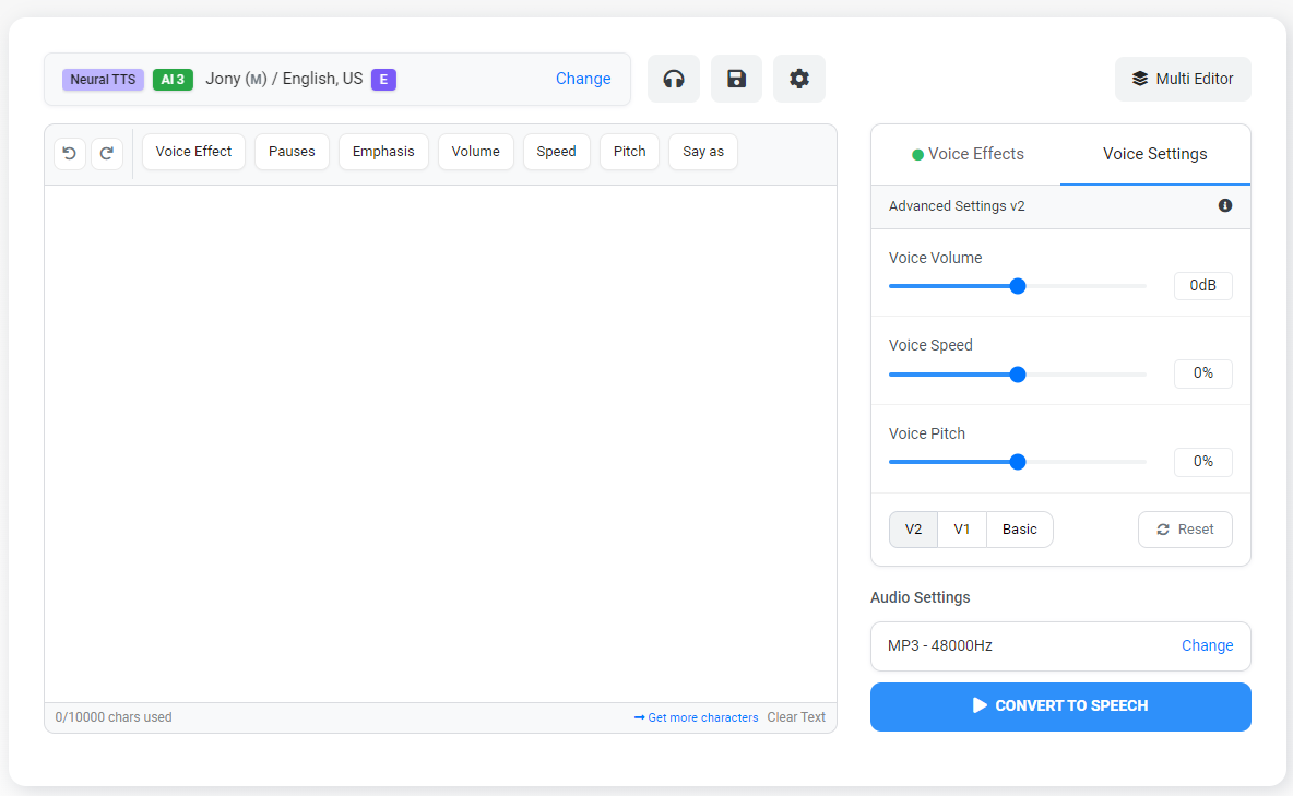 Редактор Voicemaker с настройками скорости, высоты тона и громкости