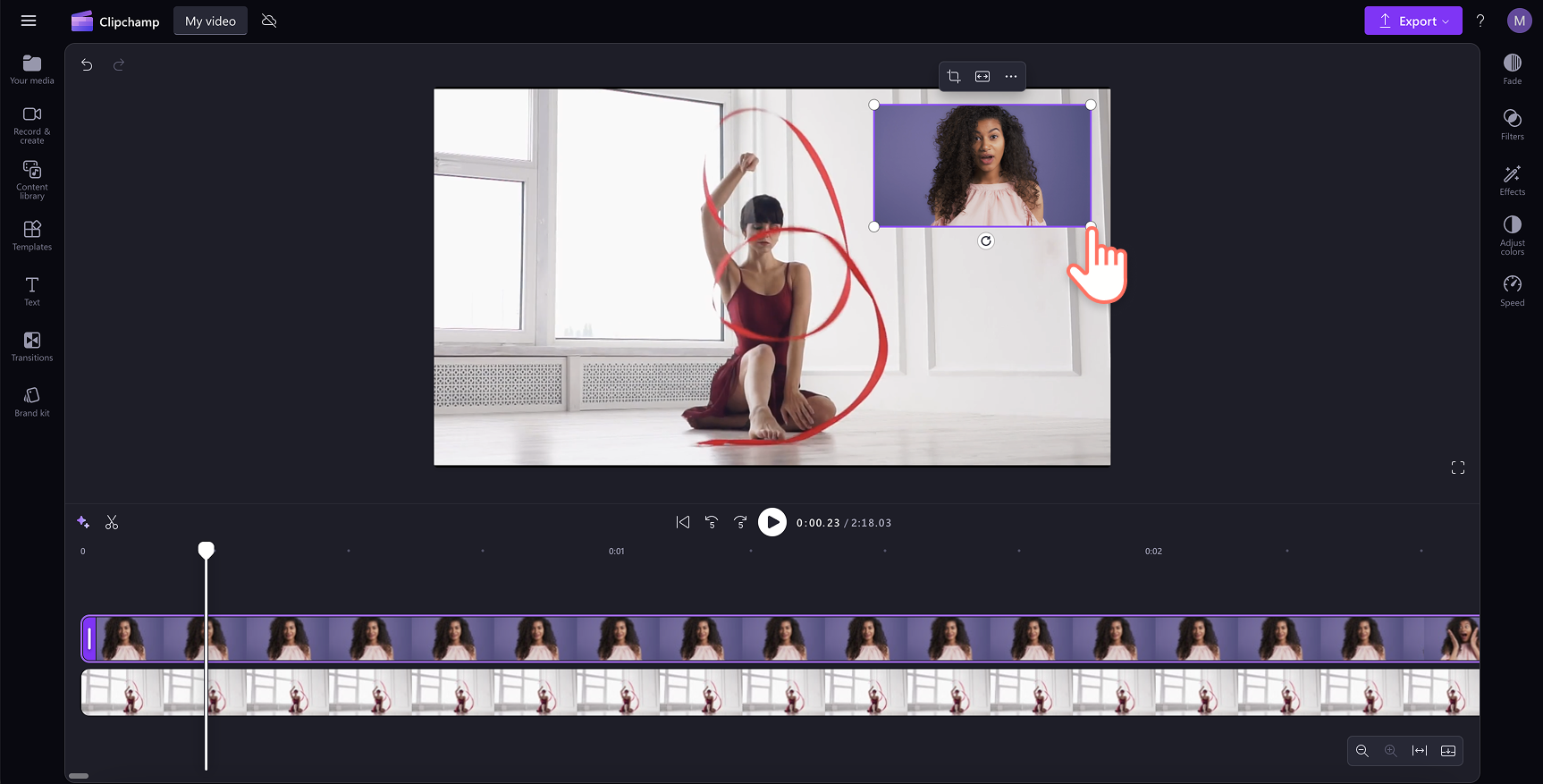 Изменение размера наложения в Microsoft Clipchamp