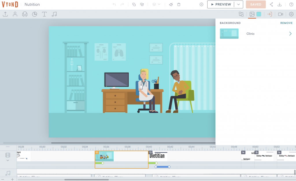 Интерфейс Vyond Studio с персонажем на сцене и временной шкалой внизу