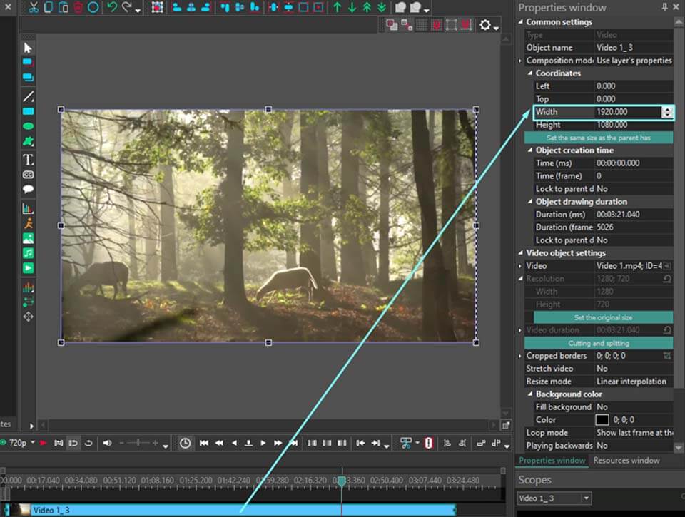 VSDC Video Editor с выделенным параметром Width в окне Properties
