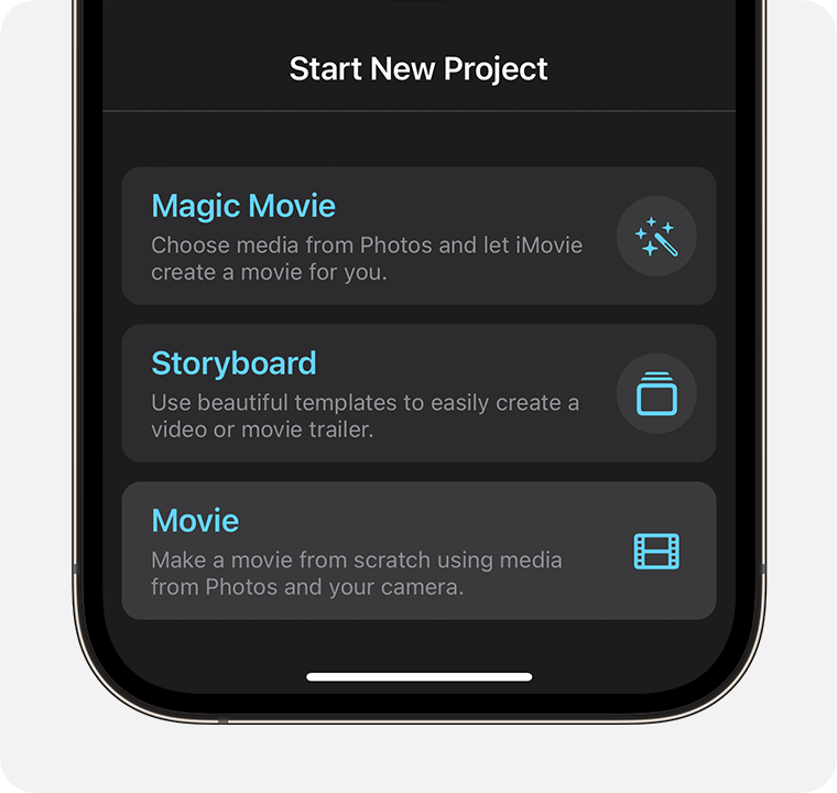 Экран Start New Project в iMovie с вариантом Movie