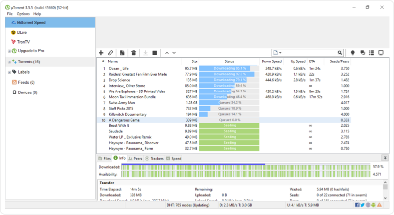 Главное окно µTorrent Classic со списком загрузок