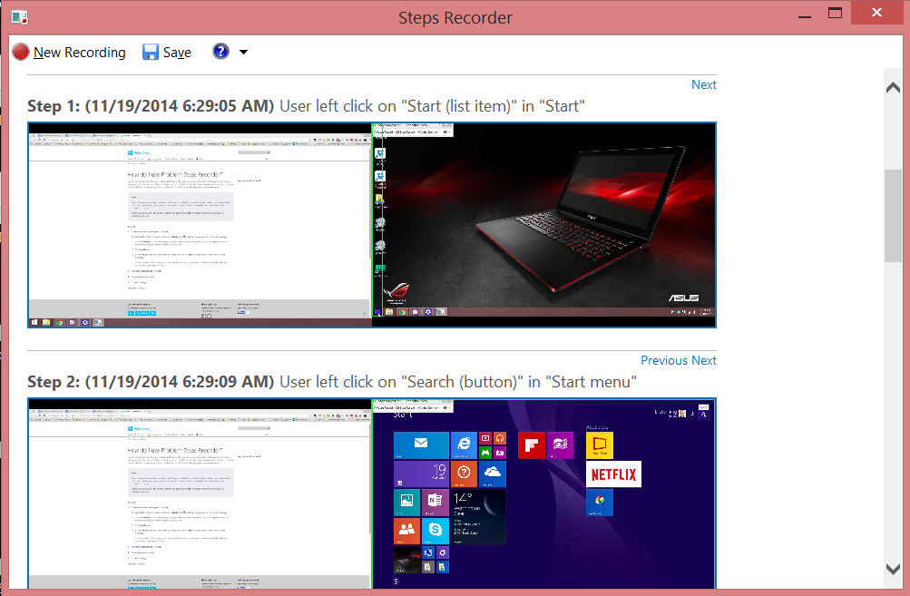 Просмотр записанных действий и снимков в Windows Steps Recorder