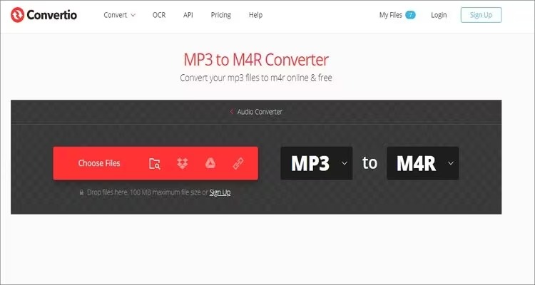 Интерфейс Convertio для преобразования MP3 в M4R