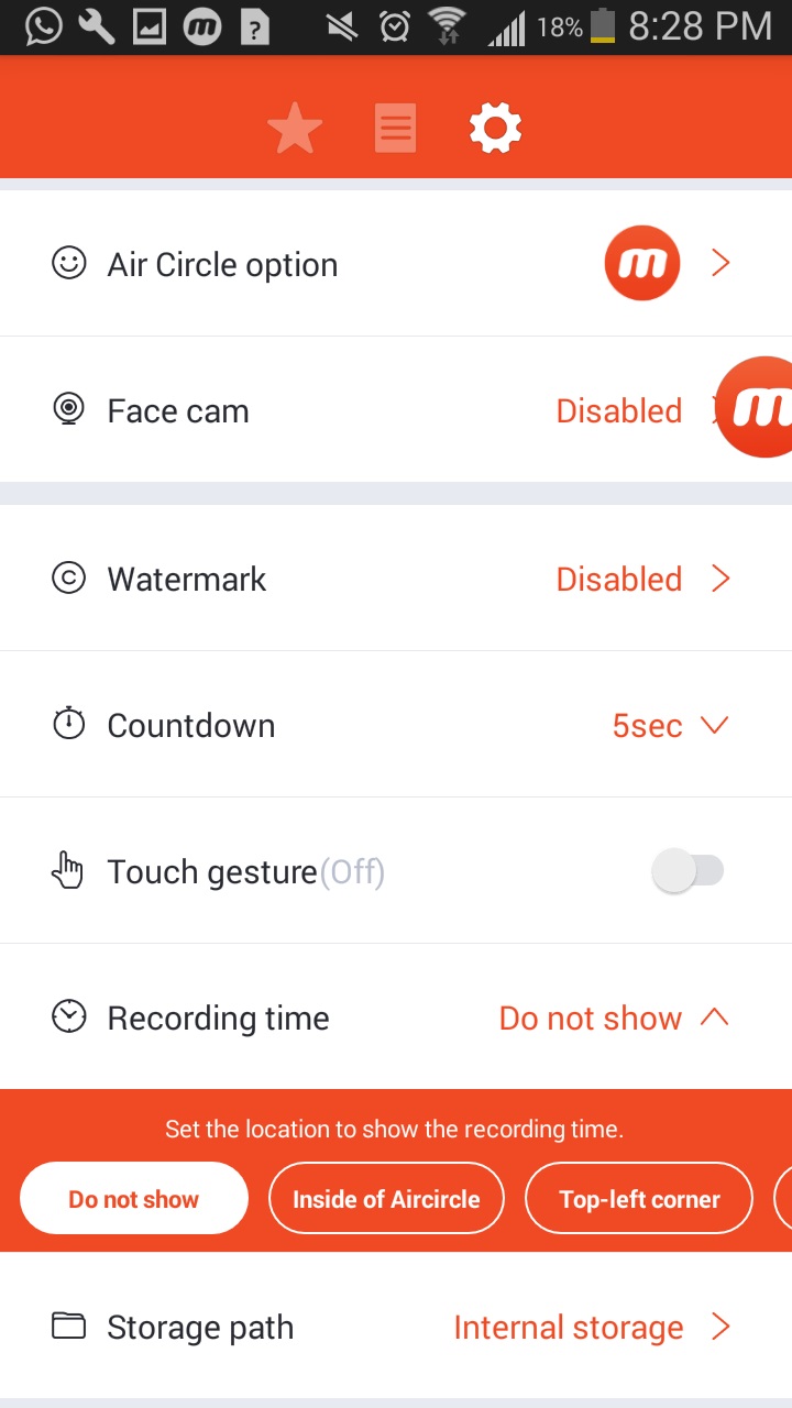 Настройки Mobizen Screen Recorder с параметрами Air Circle, Face cam и водяного знака