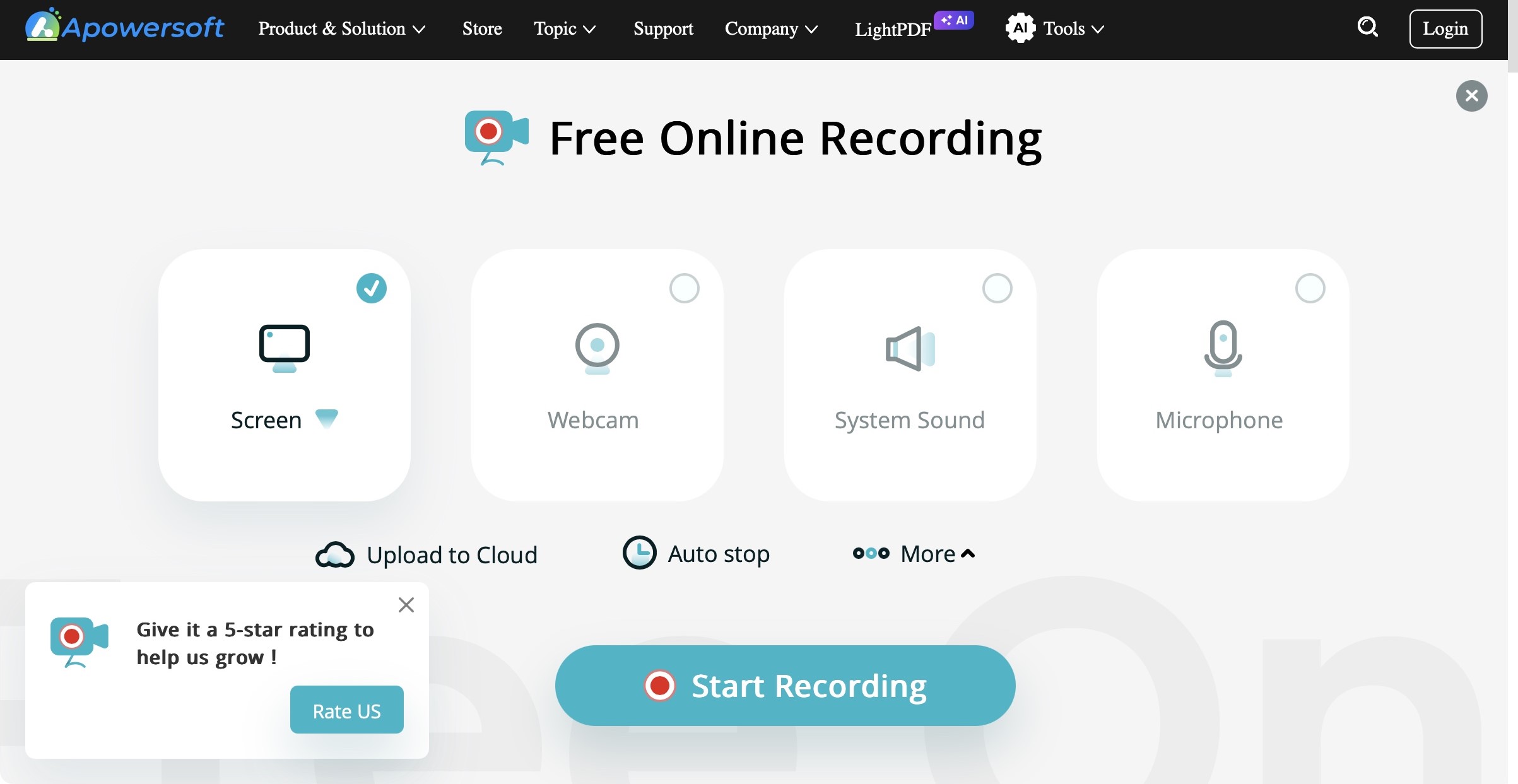 Интерфейс Apowersoft Free Online Screen Recorder с настройками захвата экрана и источников