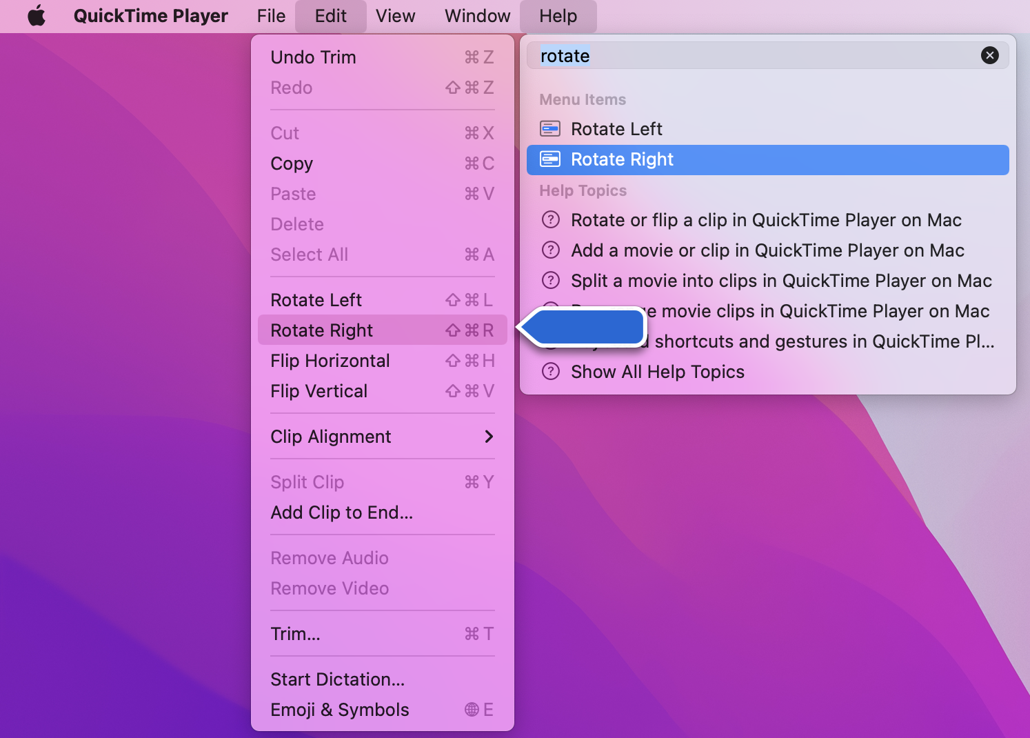 Меню Edit в QuickTime Player с командами Rotate Left и Rotate Right