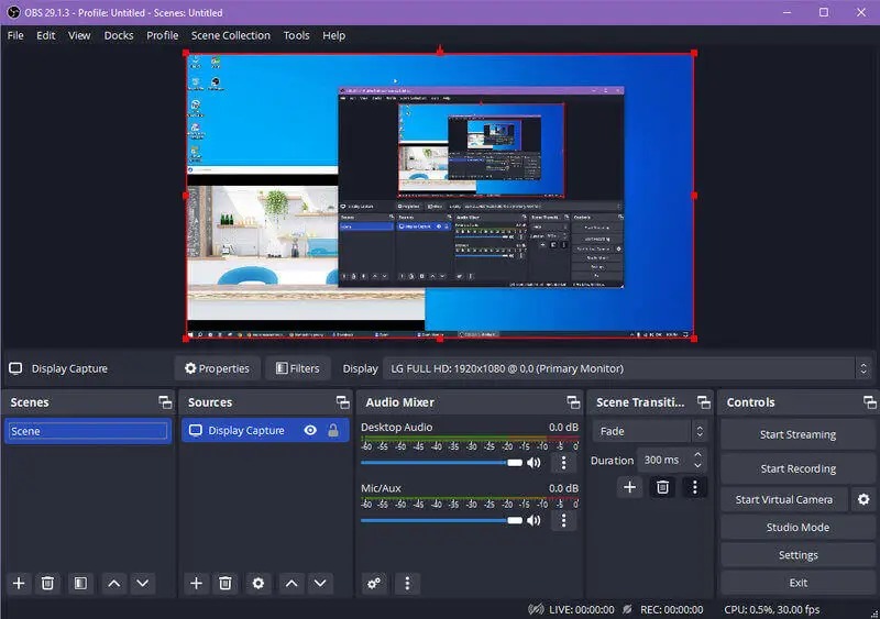 Интерфейс OBS Studio со сценой, источником захвата экрана, Audio Mixer и кнопкой Start Recording