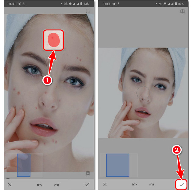 Применение Healing в Snapseed и подтверждение правки