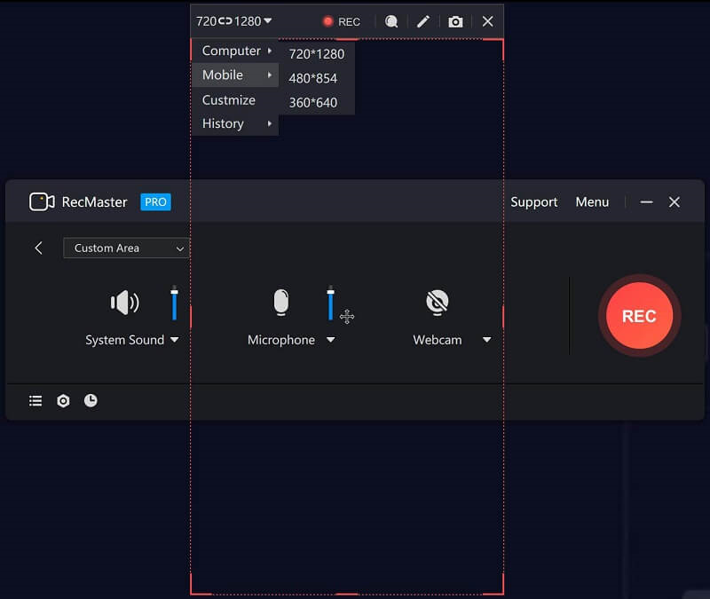 RecMaster в режиме Custom Area с настройками System Sound, Microphone и Webcam