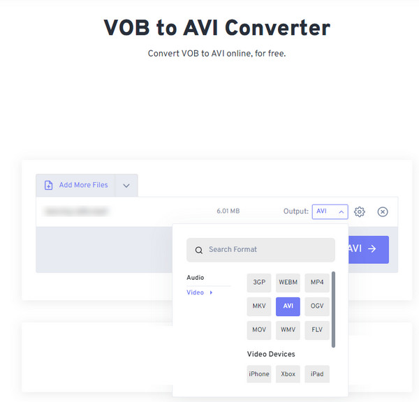 Интерфейс FreeConvert с выбором AVI для VOB