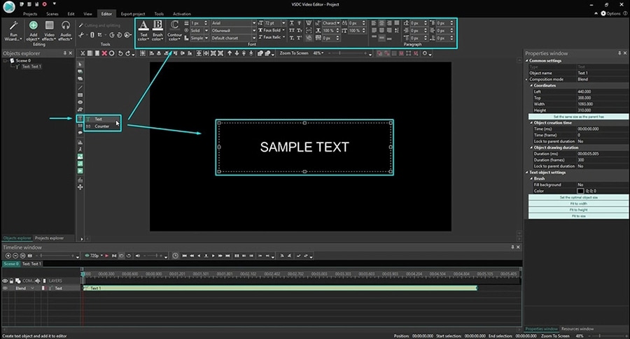 Интерфейс VSDC Video Editor с окном свойств и временной шкалой