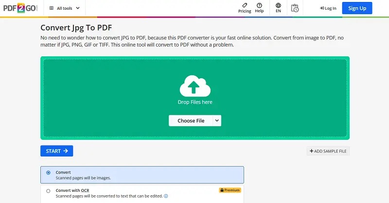 Интерфейс PDF2Go JPG to PDF с областью загрузки изображений