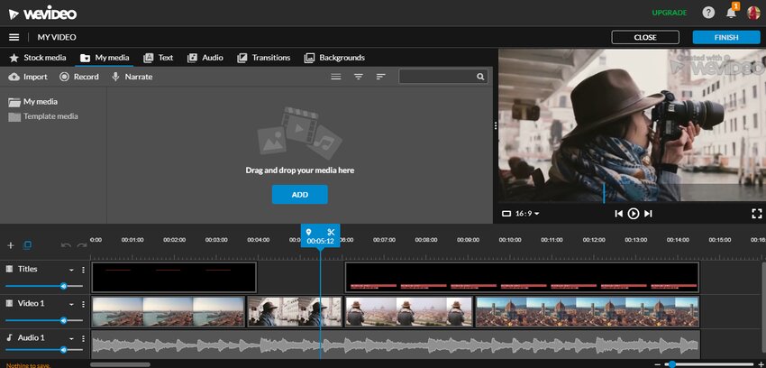 Интерфейс WeVideo с медиатекой, предпросмотром и несколькими дорожками