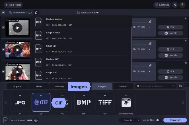 Интерфейс Movavi Video Converter с вкладкой изображений и форматами JPG GIF PNG BMP TIFF