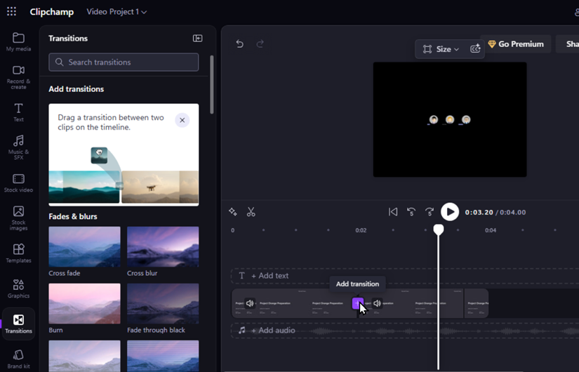 Панель Transitions и таймлиния Microsoft Clipchamp