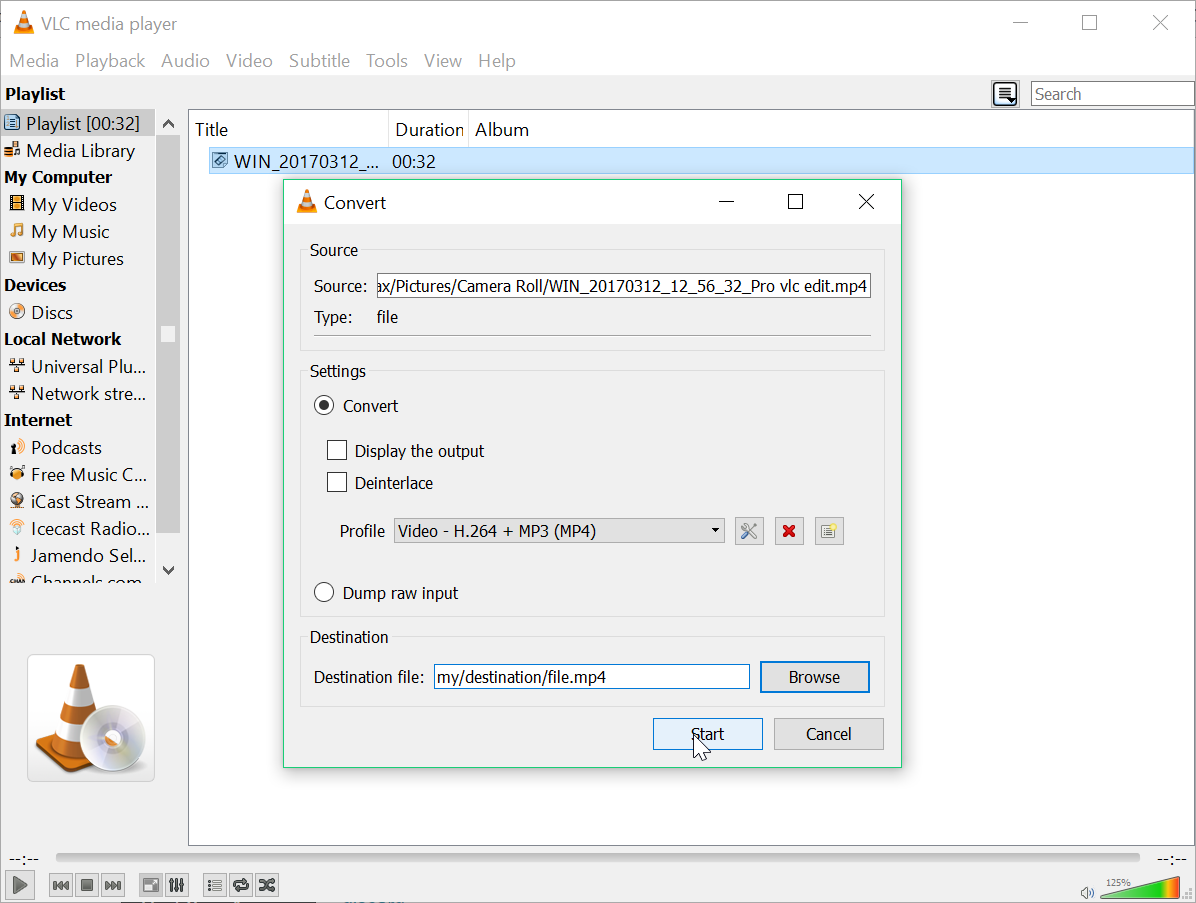Диалог Convert в VLC media player с выбором профиля H.264 и файла назначения