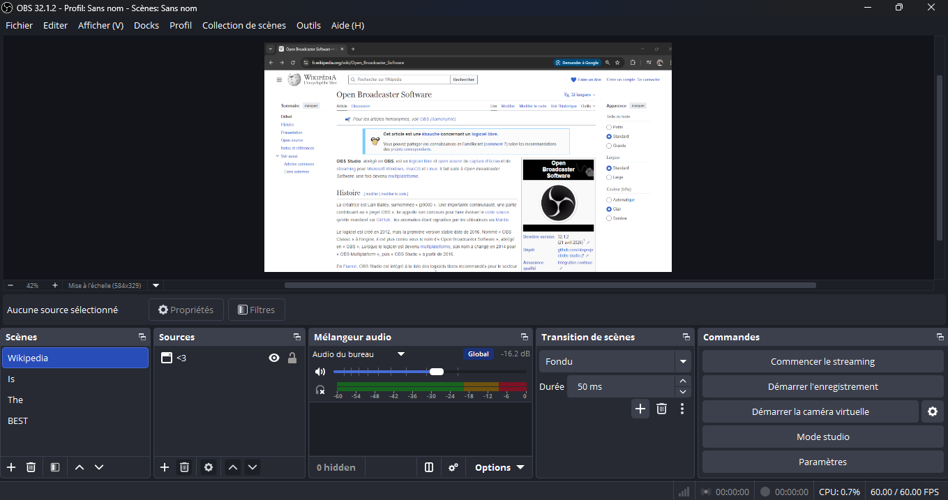 Интерфейс OBS Studio со сценами, источниками, аудиомикшером и панелью управления