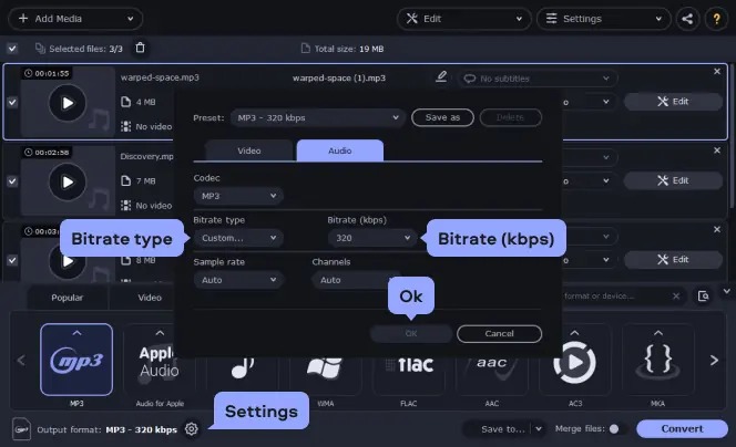 Окно Movavi Video Converter с настройками MP3 Bitrate type Custom и Bitrate kbps