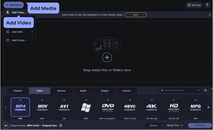 Интерфейс Movavi Video Converter с настройками размера, формата и профилей устройства