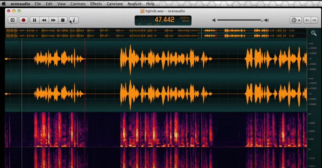 Интерфейс ocenaudio с волновой формой и спектрограммой
