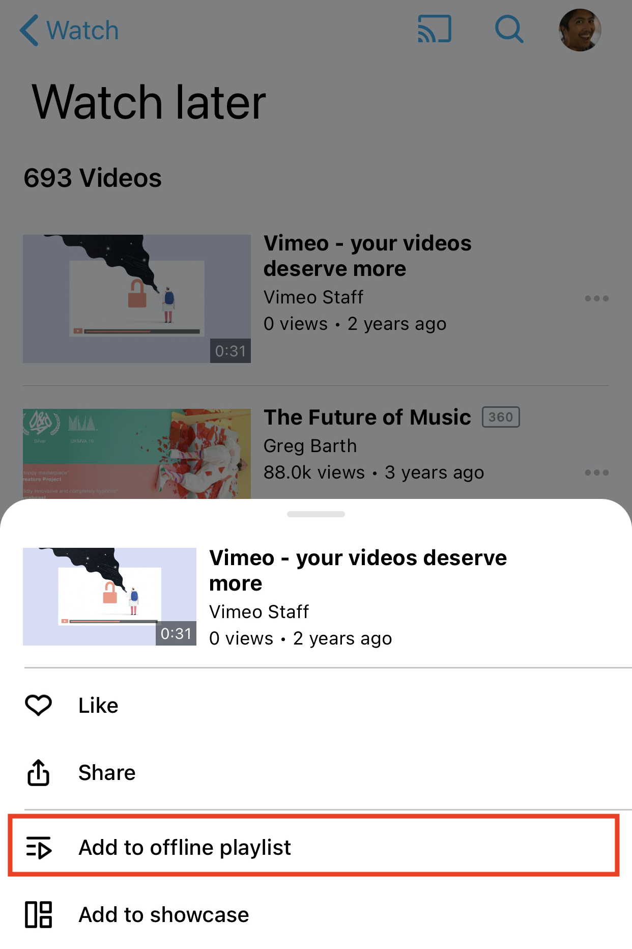 Мобильное приложение Vimeo с пунктом Add to offline playlist