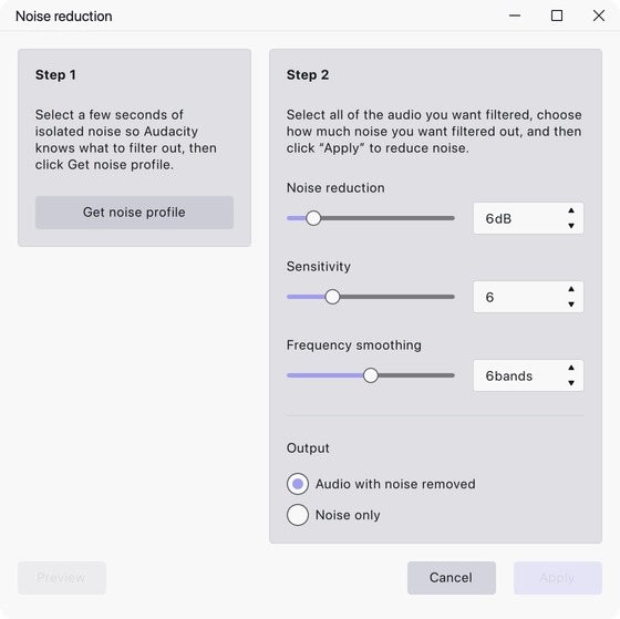 Диалог Noise Reduction в Audacity с кнопкой Get noise profile и настройками Noise reduction Sensitivity Frequency smoothing