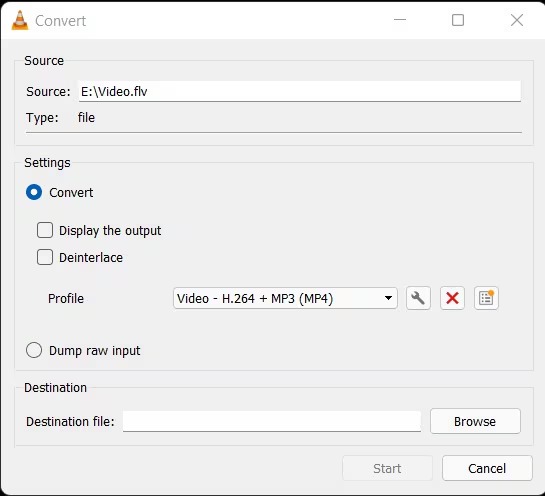 Диалог Convert в VLC с FLV-файлом, профилем H.264 и полем назначения