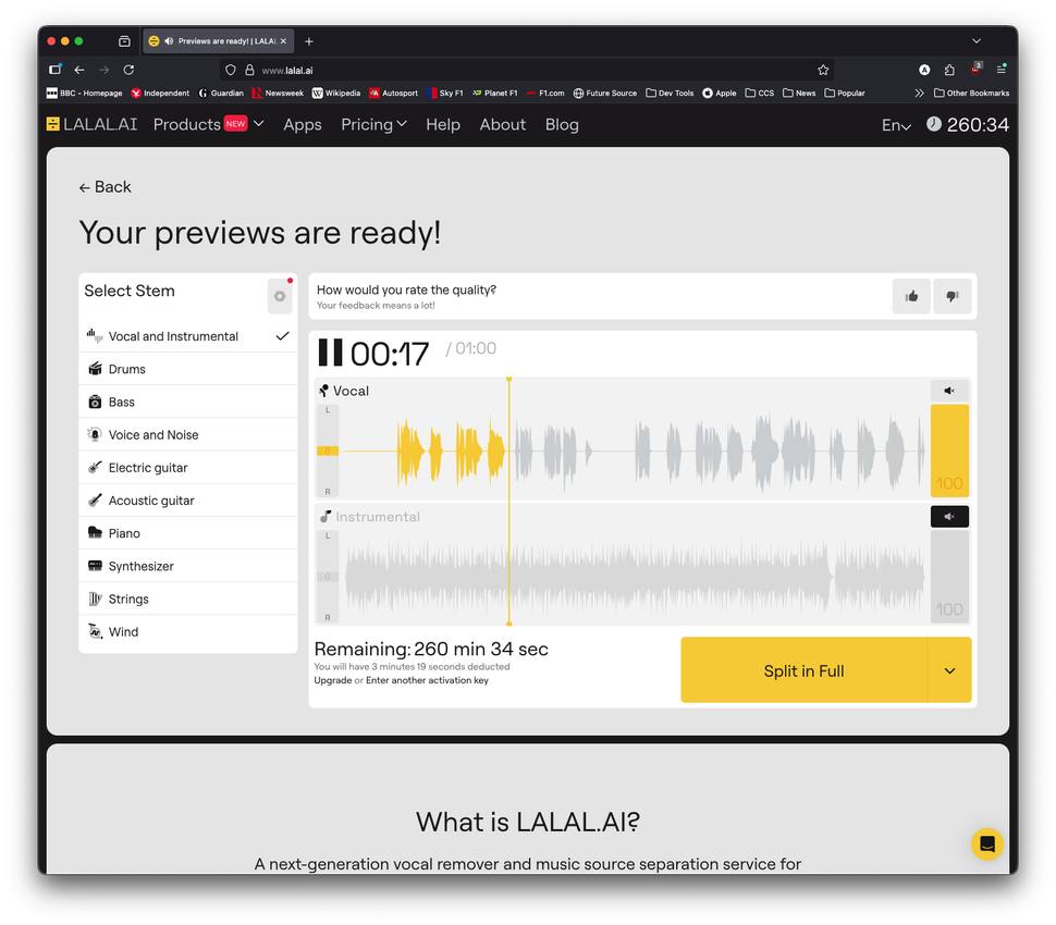 Веб-интерфейс LALAL.AI с выбором стемов и предпрослушиванием вокала и инструментала