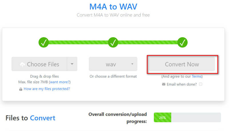 Zamzar с выбранным WAV и кнопкой Convert Now для запуска конвертации