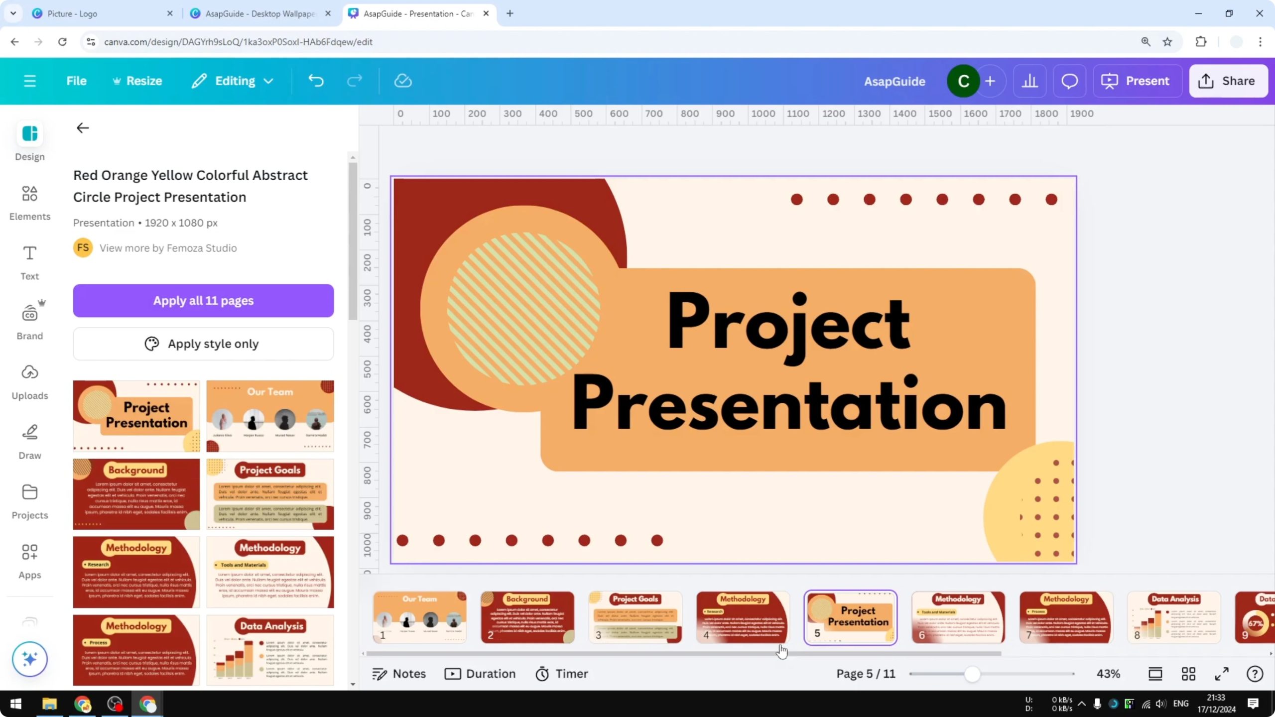 Редактор презентации Canva с рабочим слайдом и лентой миниатюр страниц