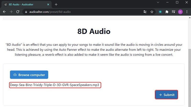Страница Audioalter 8D Audio с выбором файла