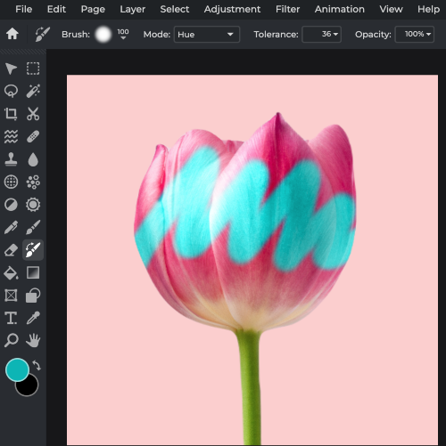 Инструмент Color Replace в Pixlr Editor с настройками кисти и Tolerance