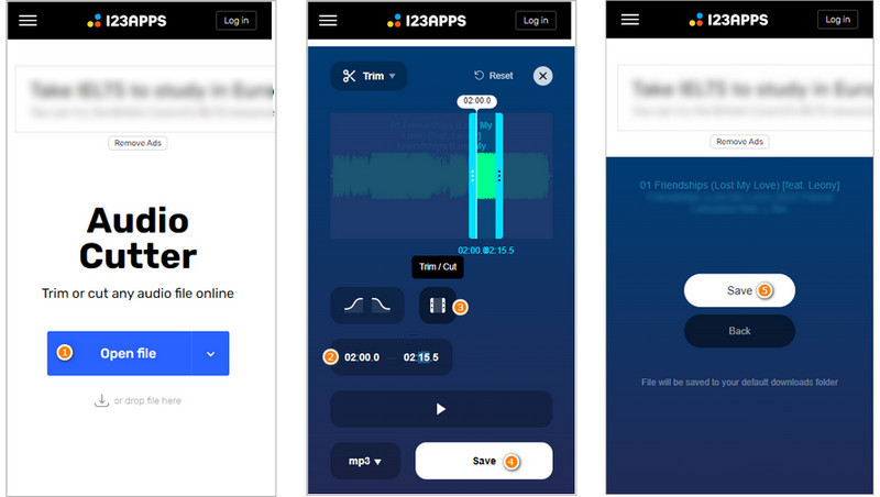 Мобильный интерфейс 123apps Audio Cutter с кнопкой Open file и выделением фрагмента на волне