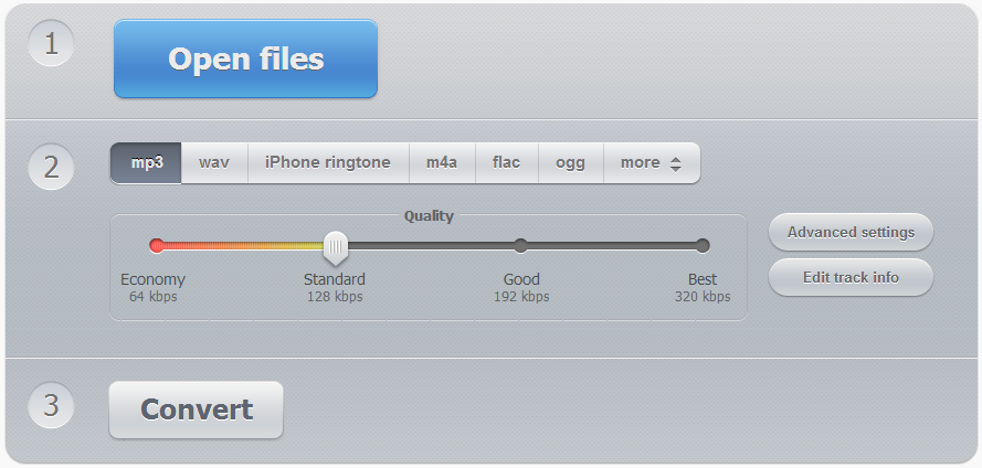 Интерфейс Online Audio Converter 123apps с выбором MP3, качества и кнопкой Convert