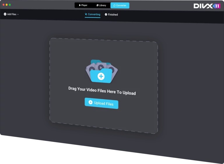 Раздел Converter в DivX 11 с областью добавления видео