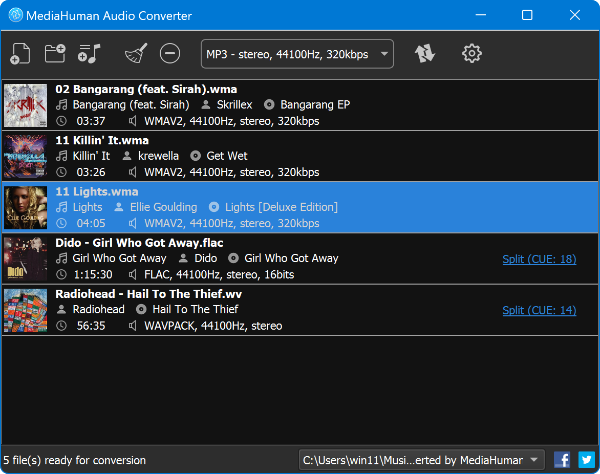 Интерфейс MediaHuman Audio Converter в Windows со списком треков и профилем MP3