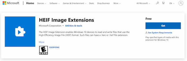 Страница HEIF Image Extensions в Microsoft Store