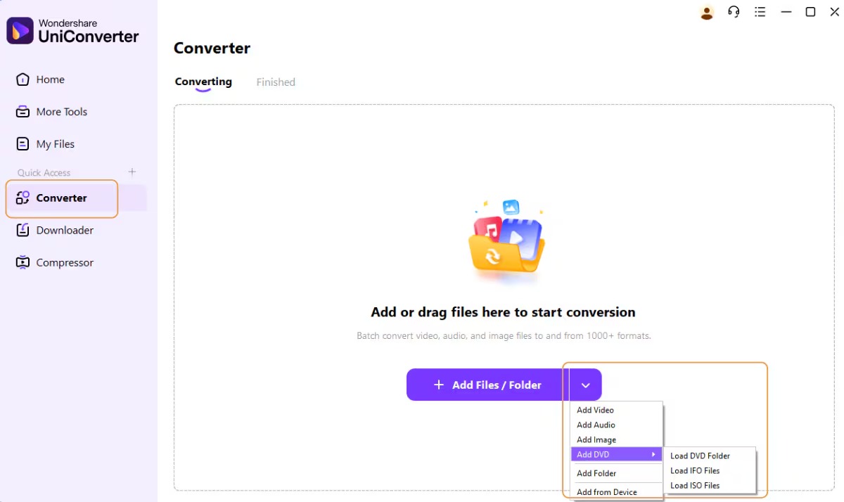 Wondershare UniConverter с раскрытым меню Add DVD