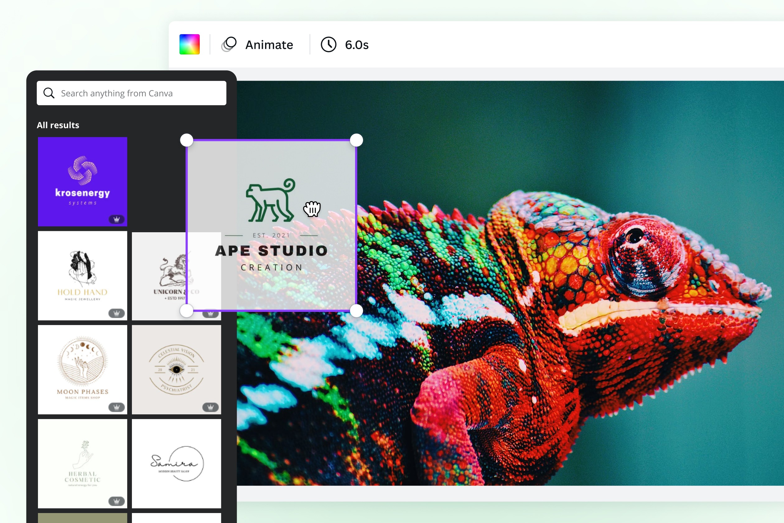 Интерфейс Canva с логотипом, выделенным поверх фотографии хамелеона