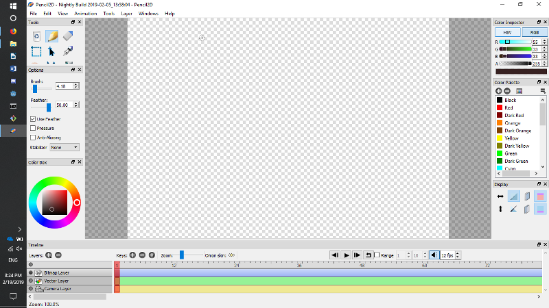 Интерфейс Pencil2D с холстом, инструментами, слоями и Timeline