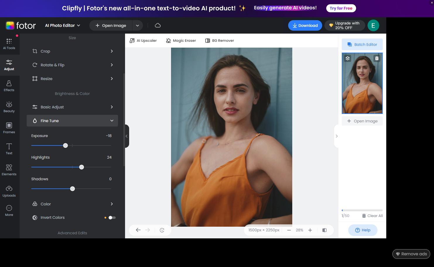Интерфейс Fotor с портретом, панелью Adjust и пакетным редактором