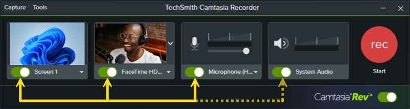 Camtasia Recorder с переключателями Screen, Camera, Microphone и System Audio