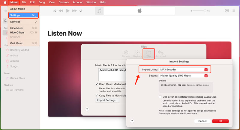 Настройки импорта Apple Music на Mac с выбранным MP3 Encoder