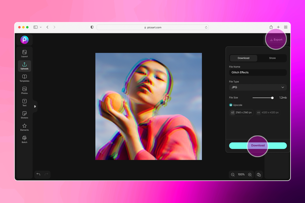 Экспорт фотографии с эффектом Glitch в веб-редакторе Picsart
