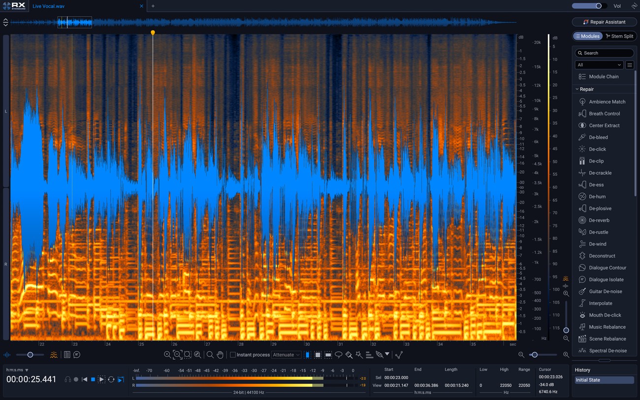Интерфейс iZotope RX 12 со спектрограммой и списком модулей реставрации