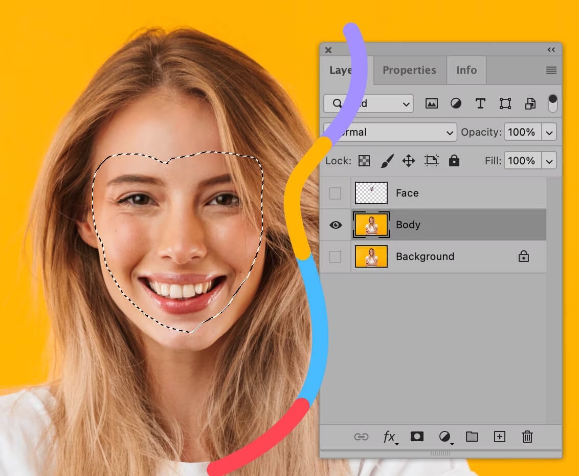 Adobe Photoshop: выделенное лицо и панель слоев перед переносом