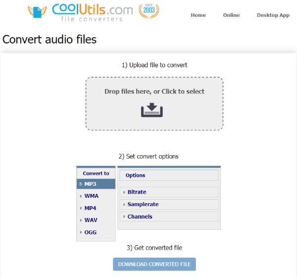 Интерфейс CoolUtils Online Audio Converter с настройками Bitrate Samplerate и Channels