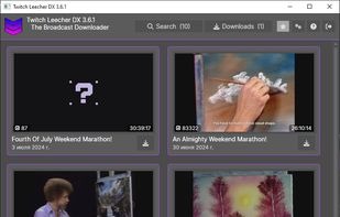 Интерфейс TwitchLeecher-DX со списком найденных VOD и разделом Search