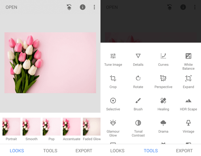 Интерфейс Snapseed со списком инструментов обработки фотографии